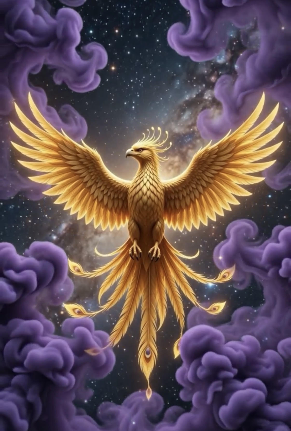 Fênix dourada de asas abertas em meio a uma nebulosa roxa